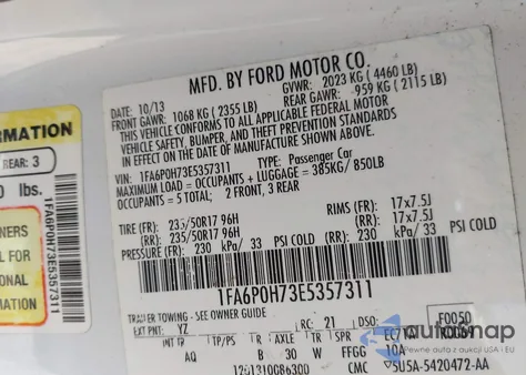 2014 Ford Fusion Se z USA, uszkodzony, nr VIN 1FA6P0H73E5357311